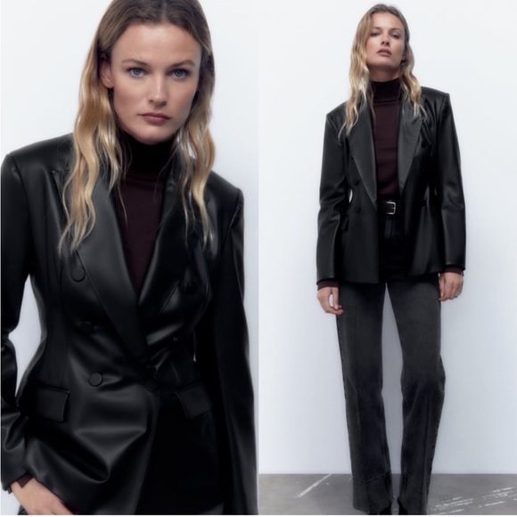 Zara Faux Leather Double Breasted Black Blazer Jacket sz Small - Picture 3 of 15